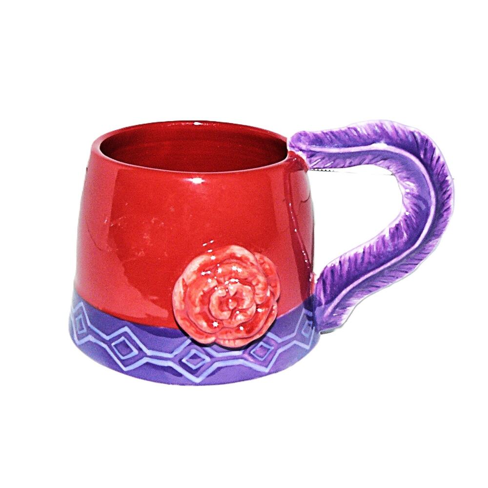 Red Hat Society Hand-Painted Ceramic Mug 3D Flower & Purple Feather Handle Vtg